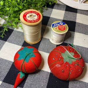 Vintage Thread Spools and Two Red Tomato Pin Cushions